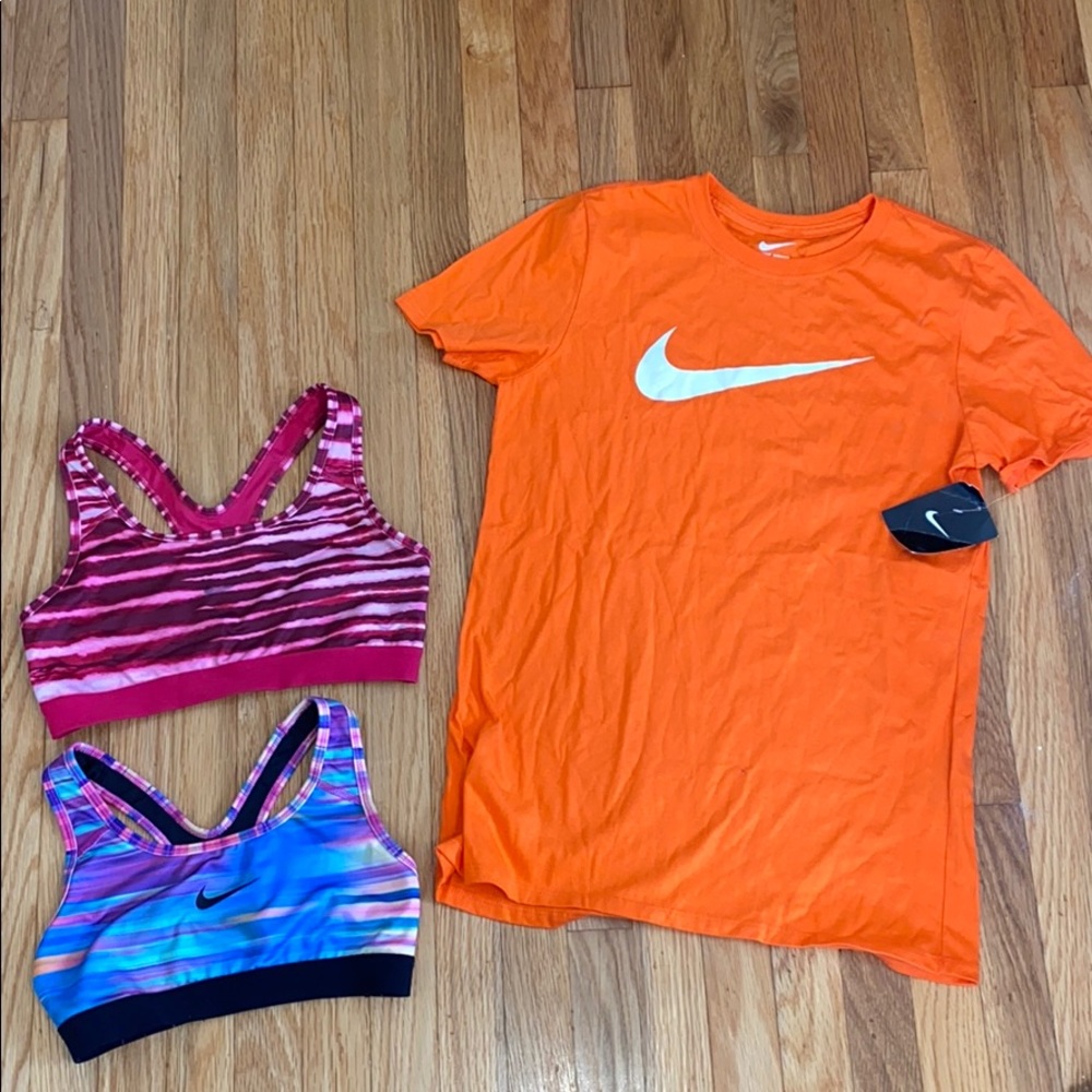 - Nike BUNDLE 2 sport bras and 1 NWT Nike T-…